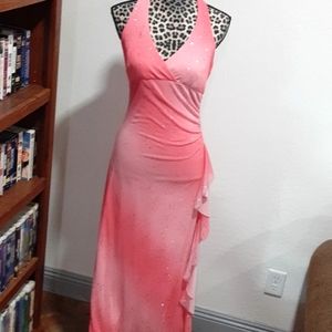 Taboo Pink Ombre Stretchy Formal Prom Sparkly Halter Maxi Dress with skirt ru…
